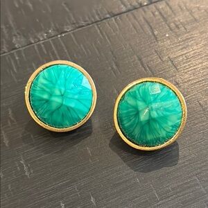Geometric Round Elegant Gold Tone & Green Clip On Statement Earrings​